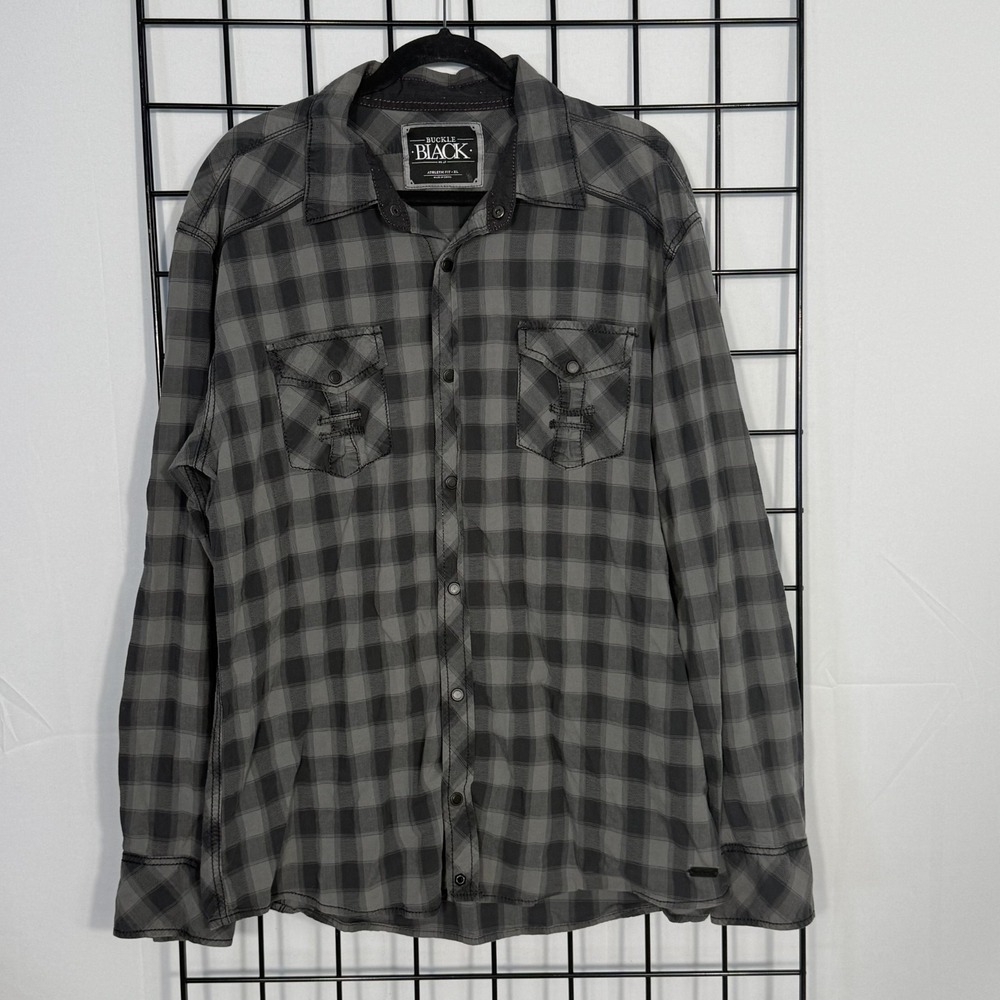 Buckle Black Pearl Snap Shirt Mens XL Black Plaid Athletic Fit Western Stretch